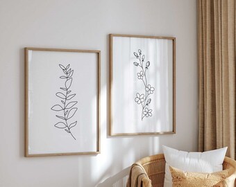 Line Art Eucalyptus Leave Art Print - Line Art Cherry Blossoms - Poster Set of 2 - Minimalist Botanical Line Art - Fine Art Sketch Posters