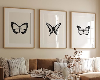 Butterflies Art Print - Printable Poster Set of 3 - Black and White Vintage Butterflies Poster - Insects Art Print - Moths Art Poster Set