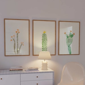 Pósteres de cactus con flores en acuarela - Juego de 3 pósteres imprimibles - Arte mural de plantas de cactus - Impresión artística de cactus en flor - Impresión de flores de cactus