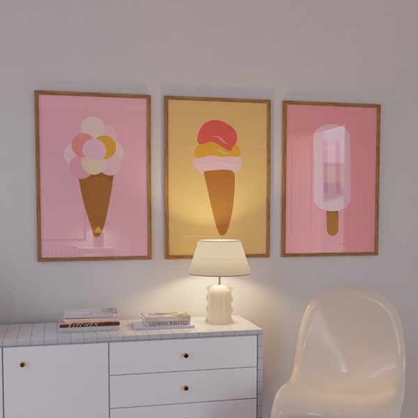 Impression d'Art coloré de crème glacée - Ensemble d'affiches imprimables de 3 - Impression de cône de crème glacée - Affiche de Popsicle de crème glacée - Affiche de nourriture d'art de bruit