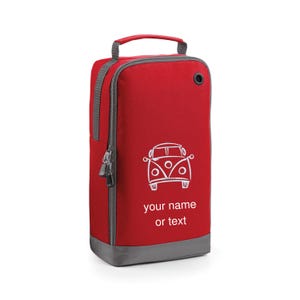 May include: Red shoe bag with a white outline of a vintage van and the text "your name or text".
