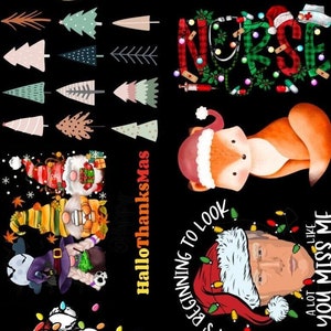 May include: A black background with a variety of Christmas-themed images, including a llama with lights, a fox wearing a Santa hat, a skull with a Santa hat, and a gnome. The text "HalloThanksMas" is also visible. The text "It's beginning to look a lot like you miss me" is also visible. The text "current mood" is also visible.