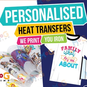 May include: A white t-shirt with a black and white design that says "Family what it's all about". The t-shirt is being ironed with a white iron. The image also shows a stack of heat transfer sheets with various colourful designs.