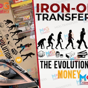 Może przedstawiać: Transfery termotransferowe z napisem "IRON-ON TRANSFERS" i "THE EVOLUTION OF MONEY". Projekt przedstawia ewolucję człowieka z symbolami pieniędzy. Czarno-różowe złote żelazko znajduje się na pierwszym planie.