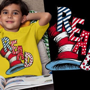 READ Katze im Hut T-Shirt, Dr. Seuss inspiriertes Shirt, Weltbuchtag Buchliebhaber T-Shirt, Lese Monat Bücherwurm Top, Lehrer Geschenk für Männer Frauen