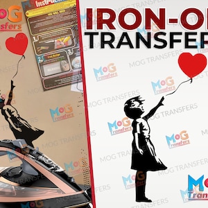 Banksy-ballon opstrijkbare transferstencil VK-kunstwerk muurschildering ontwerp hittepers T-shirtpatch | Hartvormig meisje met ballonontwerp opstrijkpatch