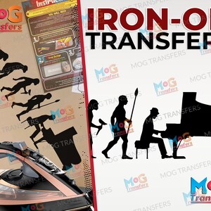 May include: Iron-on transfers with various black silhouette designs. One design shows the evolution of man, and another shows a man playing a piano. The text "IRON-ON TRANSFERS" is displayed in red and black.