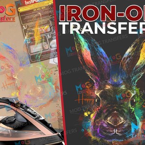 Peut inclure: Image d'impressions thermocollantes avec un motif de lapin coloré et le texte "IRON-ON TRANSFERS". L'image comprend également des instructions et un fer à repasser à vapeur. Le motif du lapin a un code couleur arc-en-ciel avec les mots "Happy Bunny".
