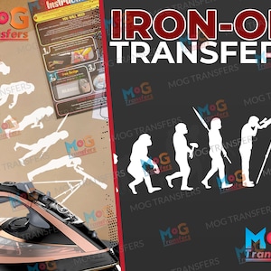 Może przedstawiać: Termotransfery z napisem "IRON-ON TRANSFERS" w kolorze białym. Obraz przedstawia serię białych sylwetek przedstawiających ewolucję człowieka. Widoczne są również instrukcje i nowoczesne żelazko.
