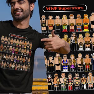 Retro Wrestlers Figurine T-shirt, Funny Wrestling Lover Shirt, 80s 90s Wrestlers Group Top, Vintage Legends Of Wrestling Gift Tee for Men
