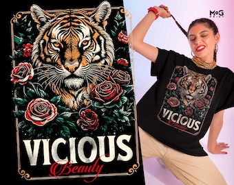 Floral Tiger Graphic T-Shirt, Vicious Beauty Shirt, Vintage Tiger with Flowers Tee, Majestic Bengal Tiger Face Top, Wildlife Lover Gift