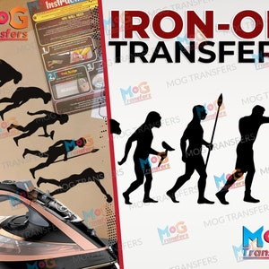 Puede incluir: Transferencias de planchado con un diseño de evolución humana, desde herramientas tempranas hasta el boxeo. La imagen incluye instrucciones y una plancha moderna. El texto "IRON-ON TRANSFERS" se muestra en letras rojas en negrita.