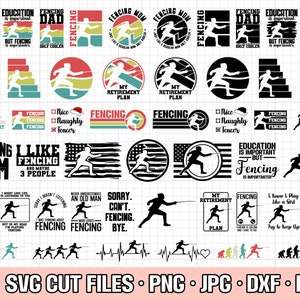 May include: A collection of 25 SVG cut files featuring fencing-themed designs. The designs include various phrases and images related to fencing, such as "Fencing Mom", "Fencing Dad", "My Retirement Plan", "I Like Fencing", and "Education is Important But Fencing is Importanter".