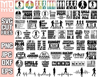 May include: A collection of 30 black and white running themed SVG cut files. The designs include running quotes, running mom, running is important, run smile every mile, run all the miles eat all the tacos, and more.
