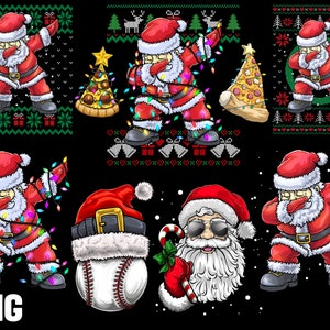May include: A digital illustration of Father Christmas in various poses, including dabbing, wearing sunglasses, and holding a candy cane. The illustrations are set against a background of Christmas lights, a pizza, a baseball, and a Christmas tree.