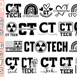 Puede incluir: Una colección de diseños digitales en blanco y negro con el texto "CT Tech" en varios estilos. Algunos diseños incluyen un símbolo de radiación, un esqueleto, un corazón, un arcoíris y las palabras "Tomografía Computarizada".