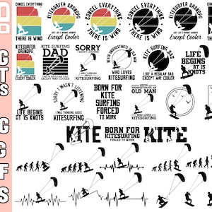 May include: A collection of 20 black and white SVG cut files featuring kitesurfing designs. The designs include text such as "Kitesurfer Grandpa", "Life Begins at 15 Knots", "Born for Kitesurfing", and "Never Underestimate an Old Man Who Loves Kitesurfing".