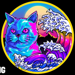 cat wave japanese big wave vapor wave png sublimation clipart illustration