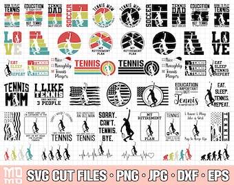 May include: A collection of tennis-themed SVG cut files in various designs. The designs include tennis players, motivational quotes, and phrases like "Tennis Mom," "My Retirement Plan," and "Eat, Sleep, Tennis, Repeat." The files are available in PNG, JPG, DXF, and EPS formats.