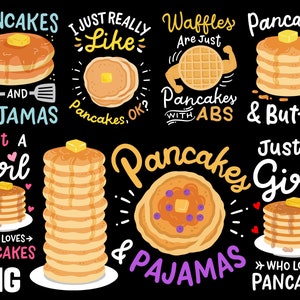 Puede incluir: Un diseño gráfico colorido con el texto "Pancakes & Pijamas" e ilustraciones de panqueques con mantequilla y arándanos. El texto "Just a Girl Who Loves Pancakes" también está incluido.