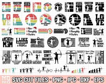 May include: A digital download of 25 SVG cut files featuring archery-themed designs. The designs include various phrases and images related to archery, such as "Archery Dad", "Archery Mom", "Like Archery", and "My Retirement Plan".