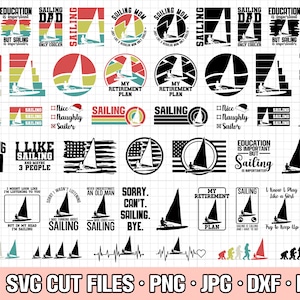 Puede incluir: Un conjunto de 25 archivos de corte SVG con diseños de temática náutica. Los diseños incluyen varias frases e imágenes relacionadas con la navegación, como "Sailing Mom", "Sailing Dad", "Eat Sleep Sail Repeat", y "I Like Sailing and Maybe 3 People".