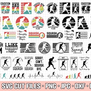 Puede incluir: Una colección de 40 diseños digitales coloridos con texto e ilustraciones sobre el squash. Los diseños incluyen frases como "Mamá del squash", "Papá del squash", "Nacido para jugar al squash", "La educación es importante, pero el squash es más importante", y "Sé que juego como una chica".