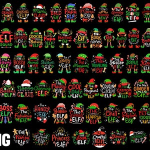 May include: A collection of 50 Christmas elf-themed SVG designs featuring various elf characters and phrases. The designs are in black, green, red, and white.