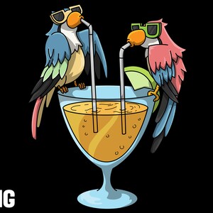 loros pájaros bebiendo cóctel png sublimación clipart ilustración