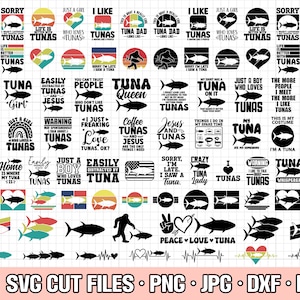 May include: A set of 36 digital cut files featuring tuna-themed designs. The designs include various phrases and images, such as "Just a Girl Who Loves Tunas", "Tuna Queen", "I'm a Tuna Whisperer", and "Peace Love Tuna". The designs are in black and white and feature a retro, vintage style.