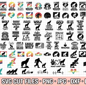 May include: A collection of 48 wolf-themed SVG cut files. The designs feature various wolf illustrations, text, and slogans. The designs are in black and white, with some featuring colorful accents. The designs are perfect for creating personalized crafts, apparel, and home decor.