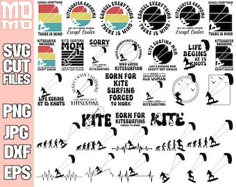 May include: A set of 18 black and white digital cut files for crafting and design. The files feature various designs related to kitesurfing, including a kite surfer, a kite, and text phrases like "Born for Kitesurfing" and "Life Begins at 15 Knots".