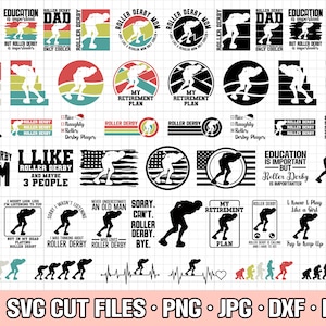 Puede incluir: Un conjunto de 25 archivos de corte digital con diseños temáticos de roller derby. Los diseños incluyen varias frases e imágenes relacionadas con el roller derby, como "Roller Derby Mom", "Me gusta el roller derby", "Mi plan de jubilación" y "La educación es importante, pero el roller derby es más importante". Los diseños son en blanco y negro, con algunos que presentan acentos rojos, amarillos y azules. Los archivos están disponibles en los formatos SVG, PNG, JPG, DXF y EPS.