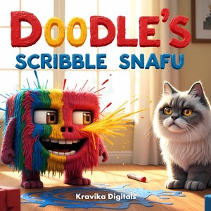 May include: A colorful illustration features the text "Doodle's Scribble Snafu" above a vibrant, furry monster with a wide grin. A gray cat with yellow eyes sits nearby. Crayons and blue paint splatters are on the floor.