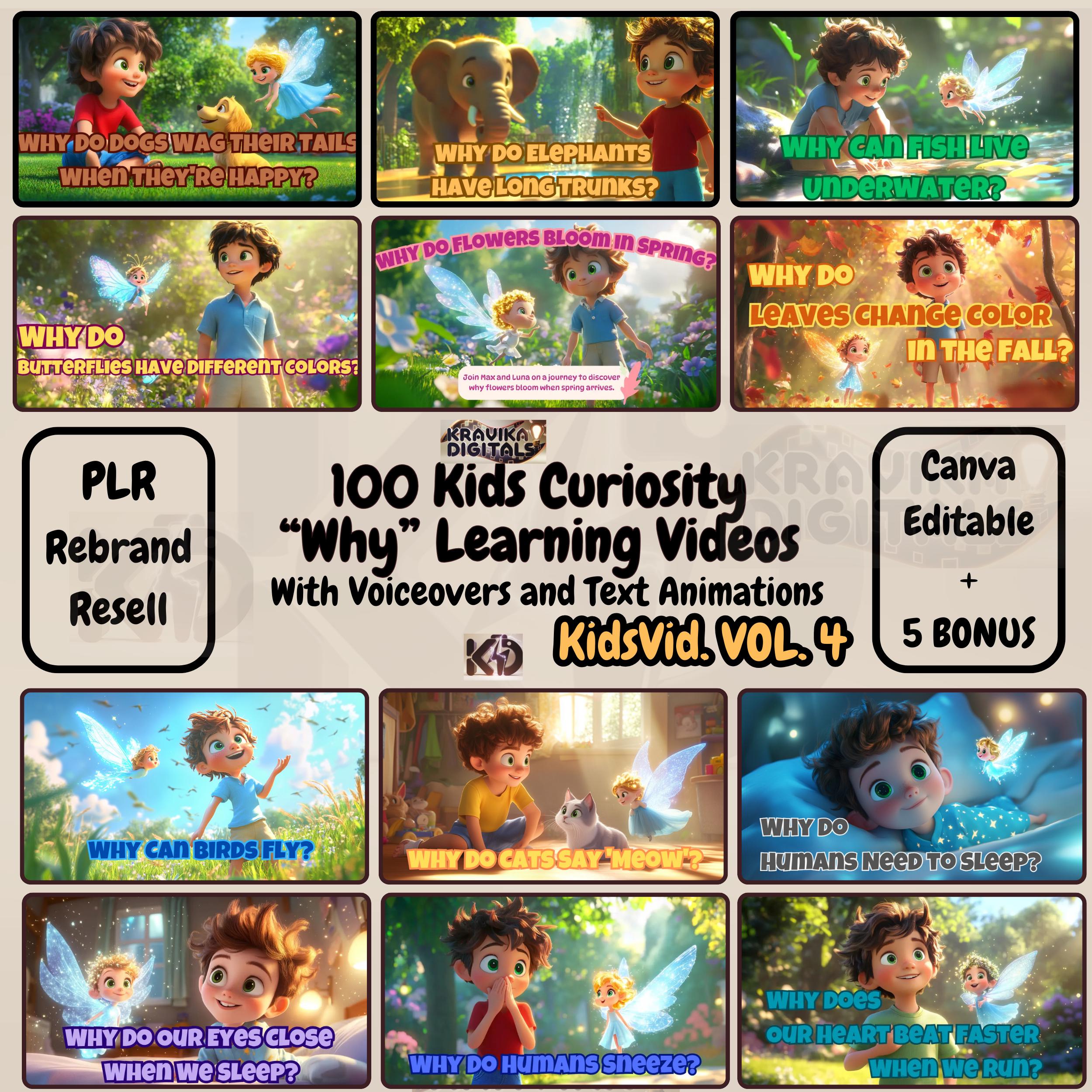 PLR|100 Kids Story Videos w/ Voiceover| VOL 4| Curiosity “Why” Learning Bundle 1.0| Canva Editable| For YouTube TikTok| Rebrand Resell Bonus