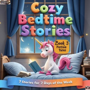 May include: A children's book cover with the title "Cozy Bedtime Stories" in colorful 3D letters. A cartoon unicorn with a pink mane and tail sits on a bed reading a book. The book is "Book 3: Fiction Tales" with the text "7 Stories for 7 Days of the Week".
