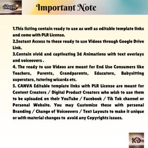 May include: A white background with black text outlining the important notes for using ready-to-use videos and editable templates. The text includes information about the type of license, access, and how to use the videos.