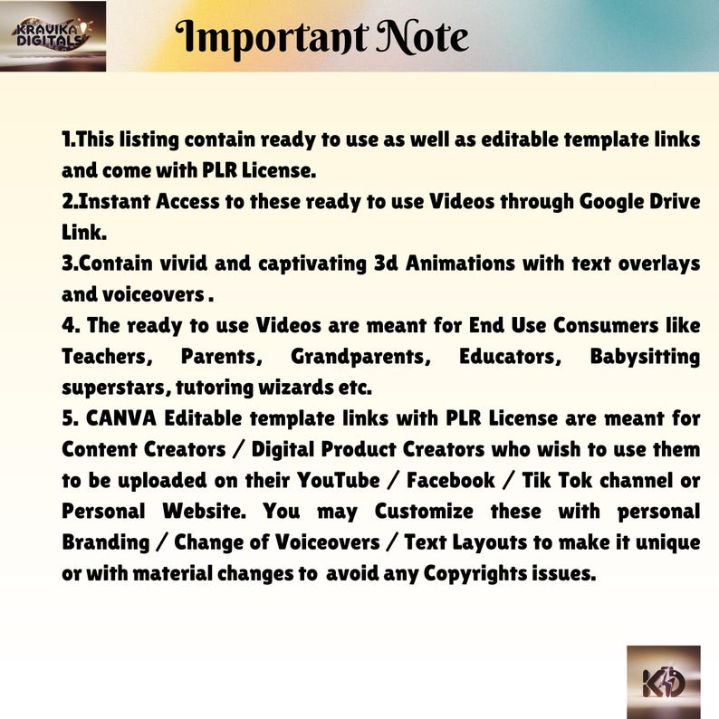 May include: A white background with black text outlining the important notes for using ready-to-use videos and editable templates. The text includes information about the type of license, access, and how to use the videos.