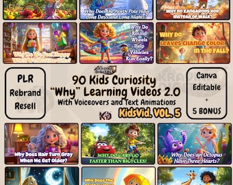 May include: A colorful collage of images with animated children asking questions about the world around them. The text "90 Kids Curiosity "Why" Learning Videos 2.0" is displayed in the center of the image. The text "KidsVid. VOL. 5" is displayed below the title.