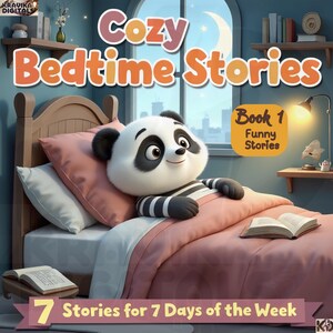 May include: A children's book cover titled "Cozy Bedtime Stories" features a cartoon panda in a striped shirt lying in bed. The book is "Book 1" with "Funny Stories" and promises "7 Stories for 7 Days of the Week."