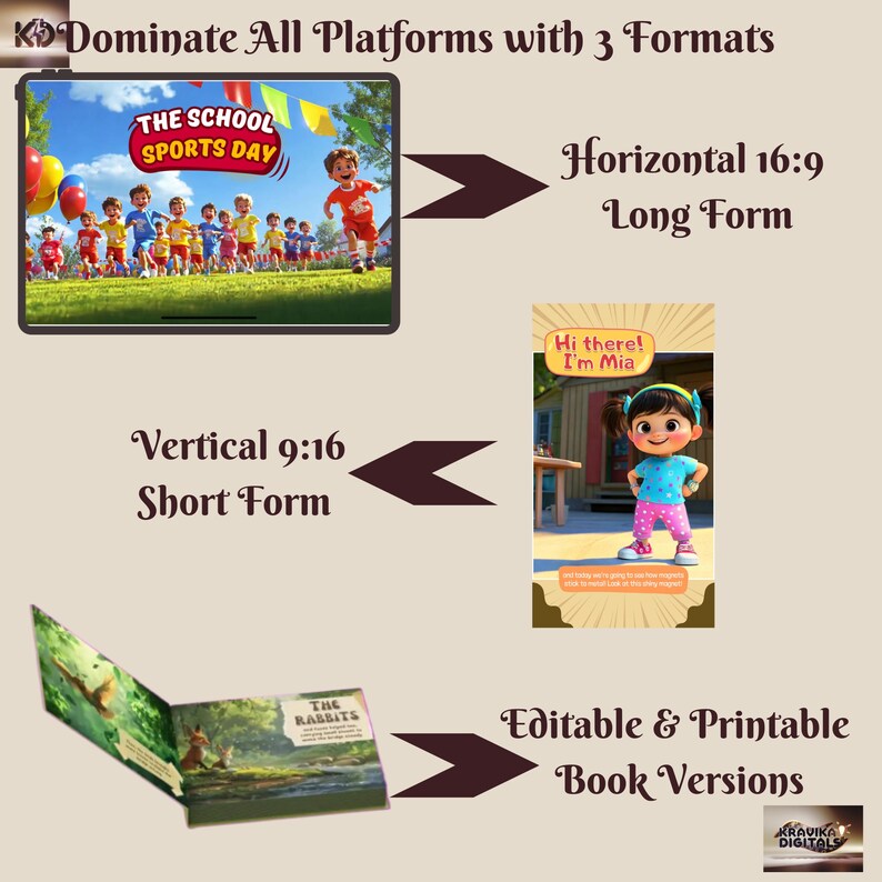 May include: Illustration showing three different formats for digital and print products. The first format is a horizontal tablet screen showing a cartoon illustration of children at a school sports day. The second format is a vertical phone screen showing a cartoon girl with the text "Hi there! I'm Mia". The third format is a book with a green cover showing a cartoon rabbit. The text "Dominate All Platforms with 3 Formats" is at the top of the image.