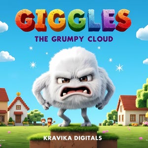 Może przedstawiać: Żywa ilustracja przedstawia tytuł "GIGGLES" w kolorowych literach 3D nad tekstem "THE GRUMPY CLOUD". Zrzędliwe, puszyste, białe stworzenie stoi na trawiastym podłożu. Tło obejmuje domy z kreskówek, drzewa, chmury i błękitne niebo.