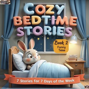 May include: A children's book cover with the title "Cozy Bedtime Stories" in colorful 3D letters. A cartoon bunny rests in a bed, with the text "Book 2 Funny Tales" and "7 Stories for 7 Days of the Week".