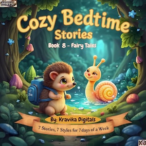 Puede incluir: Portada de libro infantil "Cozy Bedtime Stories", subtitulada "Book 8 - Fairy Tales". La imagen muestra un erizo de dibujos animados con mochila y un caracol en un bosque. También incluye el texto "By: Kravika Digitals" y el lema "7 Stories, 7 Styles for 7 days of a Week."