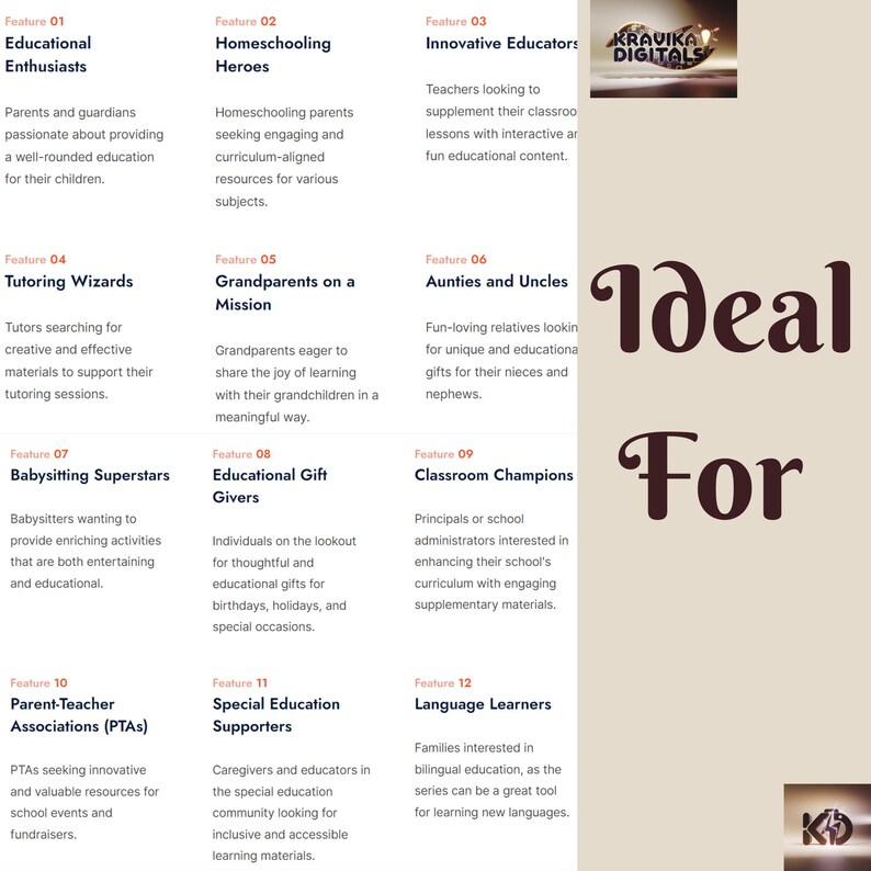 May include: A colorful chart with the text "Ideal For" in large, bold, brown letters. The chart lists 12 different categories of people who might be interested in educational resources, such as "Educational Enthusiasts", "Homeschooling Heroes", "Innovative Educators", "Tutoring Wizards", "Grandparents on a Mission", "Aunties and Uncles", "Babysitting Superstars", "Educational Gift Givers", "Classroom Champions", "Parent-Teacher Associations (PTAs)", "Special Education Supporters", and "Language Learners".