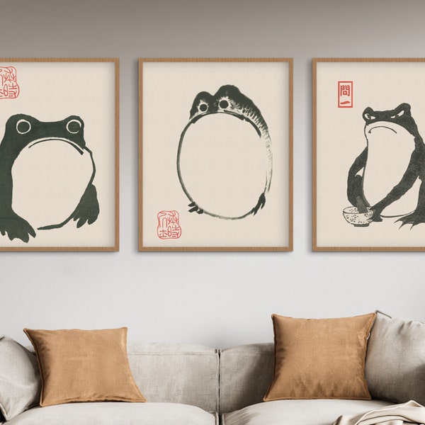 Conjunto de 3 estampados de ranas japonesas / Artes japonesas / Matsumoto Hoji / Matsumoto Frog Print / Wabi Sabi Wall Art Print / Descarga digital