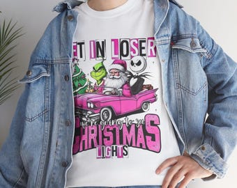 Koszulka z lampkami świątecznymi Get in Loser | Różowy samochód Świętego Jacka Skellingtona