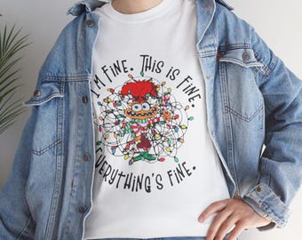 Koszulka świąteczna „I'm Fine”, grafika z kreskówkowymi światłami, koszulka świąteczna