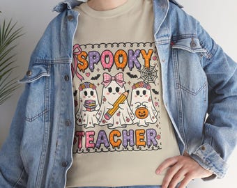 Straszna koszulka dla nauczyciela | Duchy Halloween, słodycze, dynia, uroczy projekt sali lekcyjnej