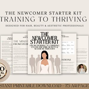 Könnte beinhalten: Das Newcomer Starter Kit, ein Trainingsleitfaden für Haar-, Schönheits- und Ästhetikprofis. Das Cover zeigt eine Frauenillustration mit dem Text "The Newcomer Starter Kit" und "Training to Thriving". Enthält 75 A4-Seiten.